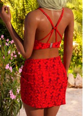 Red swimwear,Floral swimwear,Plants swimwear,ROTITA Red Three-piece Floral Print Mid Waisted Bikini Set