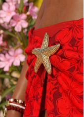 Red swimwear,Floral swimwear,Plants swimwear,ROTITA Red Three-piece Floral Print Mid Waisted Bikini Set