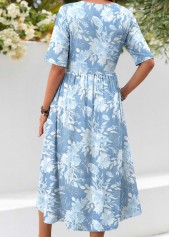 Light Blue dresses,Floral dresses,Plants dresses,Casual dresses,ROTITA Light Blue Floral Print Shirred Scoop Neck Dress