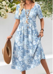 Light Blue dresses,Floral dresses,Plants dresses,Casual dresses,ROTITA Light Blue Floral Print Shirred Scoop Neck Dress