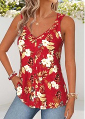 Red tops,Floral tops,Plants tops,ROTITA Curved Hem Floral Print Red V Neck Tank Top