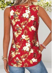 Red tops,Floral tops,Plants tops,ROTITA Curved Hem Floral Print Red V Neck Tank Top