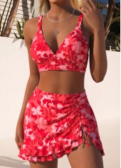 Coral swimwear,Floral swimwear,Plants swimwear,ROTITA Coral Two-piece Floral Print Mid Waisted Bikini Set