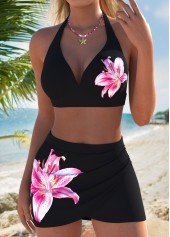 Black swimwear,Floral swimwear,Plants swimwear,ROTITA Black Two-piece Floral Print Mid Waisted Bikini Set