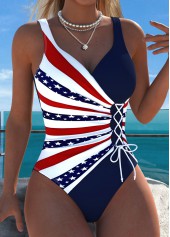 Navy swimwear,Flag swimwear,ROTITA American Flag Navy Patchwork One Piece Swimwear