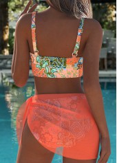 Coral swimwear,Tribal swimwear,Floral swimwear,Plants swimwear,ROTITA Coral Bowknot Tribal Print Three-piece Bikini Set