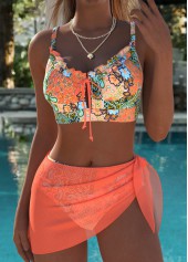 Coral swimwear,Tribal swimwear,Floral swimwear,Plants swimwear,ROTITA Coral Bowknot Tribal Print Three-piece Bikini Set