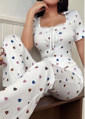 White loungewear,Heart loungewear,Heart Print White Square Neck Lounge Top and Pants