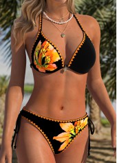 Orange swimwear,Floral swimwear,Plants swimwear,ROTITA Orange Adjustable Tie Floral Print Mid Waisted Bikini Set