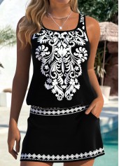 ROTITA Black Tummy Coverage Tribal Print Mid Waisted Tankini Set