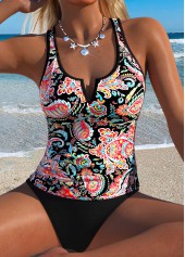 ROTITA Black Mid Waisted Ruched Paisley Print Tankini Top-No Bottom
