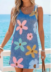Denim Blue dresses,Floral dresses,Plants dresses,Vacation dresses,Vacation dresses,ROTITA Denim Blue Floral Print Tummy Coverage Short Sleeveless Dress