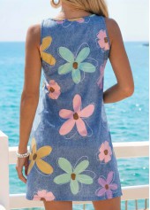 Denim Blue dresses,Floral dresses,Plants dresses,Vacation dresses,Vacation dresses,ROTITA Denim Blue Floral Print Tummy Coverage Short Sleeveless Dress
