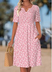 ROTITA Pink Floral Print Smocked Split Neck Short Sleeve Dress