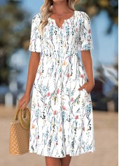ROTITA White Floral Print Smocked Split Neck Short Sleeve Dress
