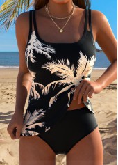 ROTITA Black Curved Hem Tropical Plants Print Tankini Top-No Bottom