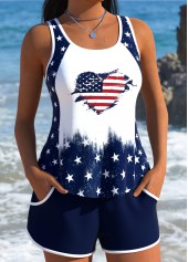 Navy swimwear,Flag swimwear,ROTITA American Flag Navy Patchwork Mid Waisted Tankini Set