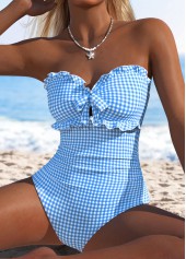Light Blue swimwear,Plaid swimwear,Geometric swimwear,ROTITA Light Blue Bowknot Gingham Print One Piece Swimwear