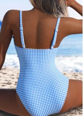 Light Blue swimwear,Plaid swimwear,Geometric swimwear,ROTITA Light Blue Bowknot Gingham Print One Piece Swimwear