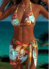 Multi Color swimwear,Floral swimwear,Plants swimwear,ROTITA Multi Color Three-piece Floral Print Low Waisted Bikini Set