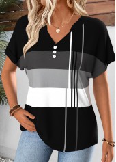ROTITA Tummy Coverage Geometric Print Black V Neck T Shirt