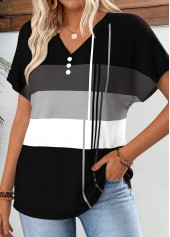 Black tops,Geometric tops,ROTITA Tummy Coverage Geometric Print Black V Neck T Shirt