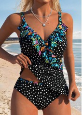 Black swimwear,Dot swimwear,ROTITA Black Two-piece Polka Dot Mid Waisted Tankini Set