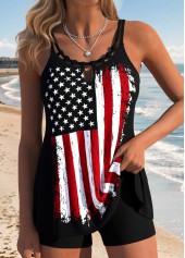 ROTITA Black Lace Up American Flag Print Tankini Top-No Bottom