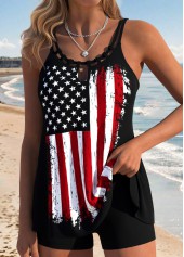 ROTITA Black Lace Up American Flag Print Tankini Top-No Bottom