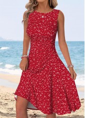 ROTITA Red Polka Dot Shirred Round Neck Sleeveless Dress