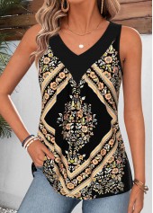 schwarzes Tanktop mit V-Ausschnitt und Patchwork-Tribal-Print von Rotita