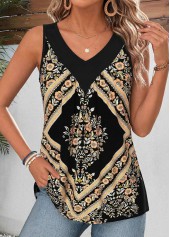 Black tops,Tribal tops,ROTITA Patchwork Tribal Print Black V Neck Tank Top