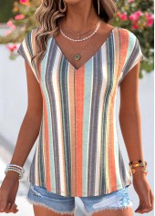 Multi Color tops,Striped tops,Geometric tops,ROTITA Ruffle Striped Multi Color V Neck T Shirt