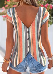 ROTITA Ruffle Striped Multi Color V Neck T Shirt