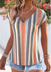 Multi Color tops,Striped tops,Geometric tops,ROTITA Ruffle Striped Multi Color V Neck T Shirt