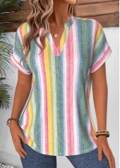 Multi Color tops,Striped tops,Geometric tops,ROTITA Curved Hem Striped Multi Color Stand Collar Blouse