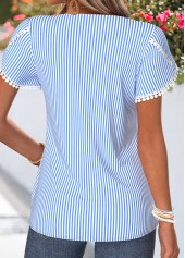 Blue tops,Striped tops,Geometric tops,ROTITA Patchwork Striped Blue Split Neck Short Sleeve T Shirt