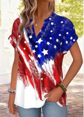 Multi Color tops,Flag tops,ROTITA American Flag Multi Color Split Neck T Shirt