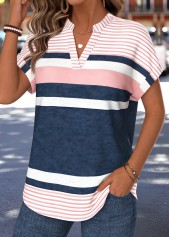 Pink tops,Geometric tops,ROTITA Split Geometric Print Pink Short Sleeve Blouse