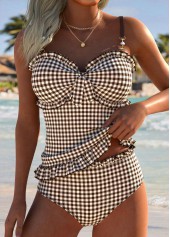 Rotita Tankini-Set mit hellbraunem Rüschenkaromuster und mittelhohem Bund