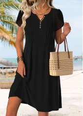 ROTITA Black Tuck Stitch Short Split Neck Dress