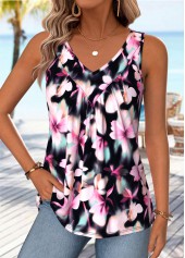 ROTITA Shirred Floral Print Multi Color V Neck Tank Top