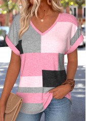 ROTITA Tummy Coverage Geometric Print Pink V Neck T Shirt
