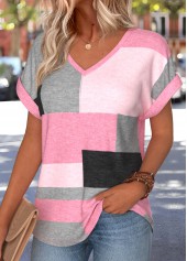 Pink tops,Geometric tops,ROTITA Tummy Coverage Geometric Print Pink V Neck T Shirt