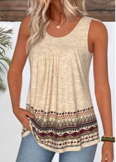 Light Camel tops,Tribal tops,ROTITA Curved Hem Tribal Print Light Camel Sleeveless Tank Top