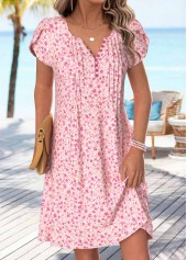 Light Pink dresses,Ditsy Floral dresses,Vacation dresses,Vacation dresses,ROTITA Light Pink Ditsy Floral Print Tuck Stitch Short Dress