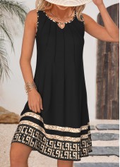 Black dresses,Tribal dresses,Everyday dresses,Casual dresses,ROTITA Tummy Coverage Tribal Print Black Round Neck Sleeveless Dress