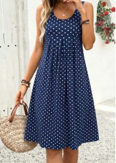 Robe plissée à pois bleu marine Rotita coupe trapèze et col rond