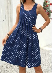 Navy dresses,Dot dresses,Casual dresses,ROTITA Navy Polka Dot Pleated A Line Scoop Neck Dress