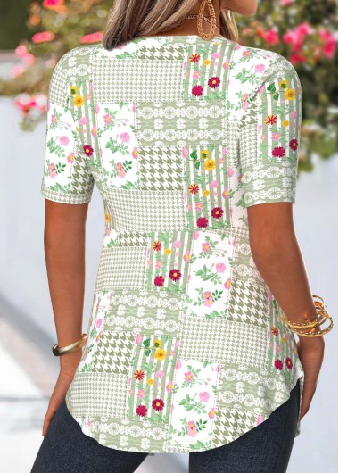 Sage Green tops,Floral tops,Plants tops,Striped tops,Houndstooth tops,ROTITA Floral Print Sage Green Fake Two Piece Twinset